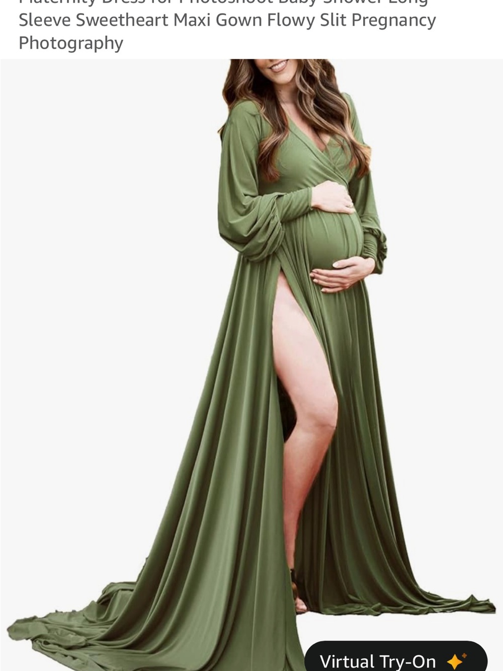 Maternity Olive Green Maxi Gown with Long Sleeve and Side Slit